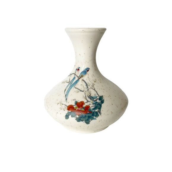 Vintage Speckled Ceramic Bird Floral Scene Small Vase - Picture 1 of 5